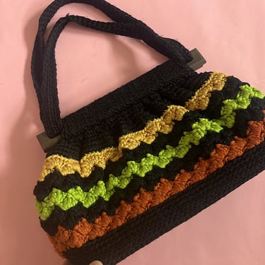 VTG 70s Handmade Crochet Purse with Wood 