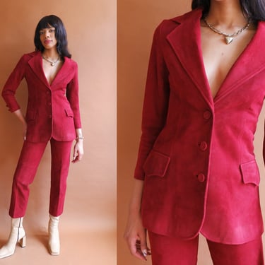 Vintage 70s Raspberry Suede Pant Suit/ 1970s Saks Fifth Avenue Red Blazer and Pants/ Size XS 