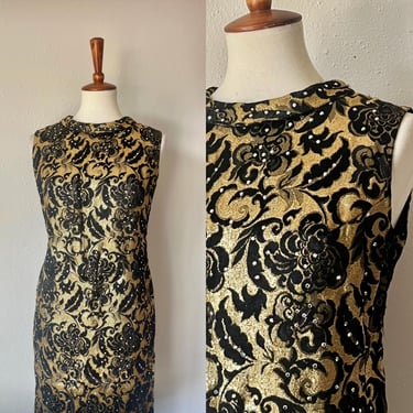 vintage 60s style black and gold shift dress size small 