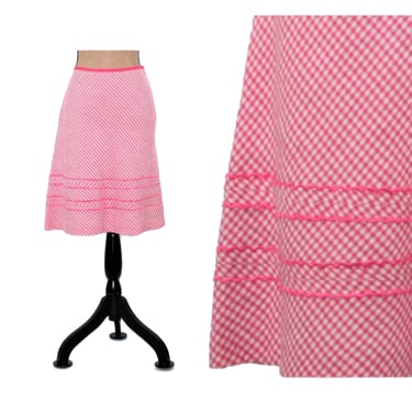 M 90s Pink Gingham Midi Skirt Medium, Linen Embroidered A Line, Casual Spring Summer, 1990s Clothes Women Vintage ANN TAYLOR Size 8 Petite 