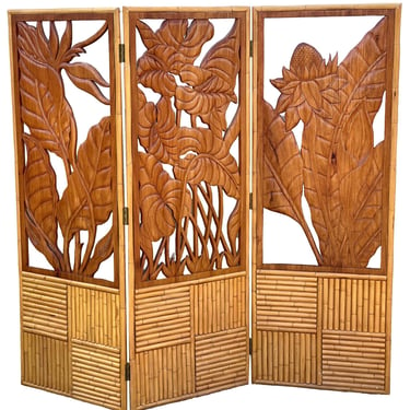 3 Panel Mid-Century Carved Koa Wood & Stacked Rattan Folding Screen 