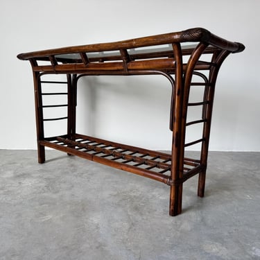 Vintage Two - Tier Bamboo Rattan Console Table With Glass Top 