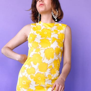 1960s Yellow Tropical Mini Dress, sz. S