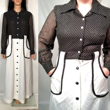Vintage 70s Polka Dot Black And White Maxi Dress Size L 