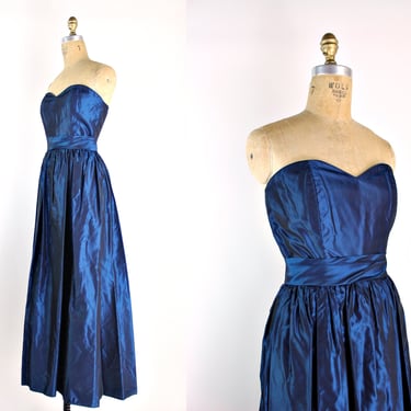 80s Blue Metallic Party Dress / Vintage Cocktail Dress / 1980s / Prom Dress / Strapless Dress / Size XXS/XS 