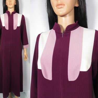 Vintage 70s Vanity Fair Purple Color Block Nightgown Zip Up Robe Made In USA Size M 