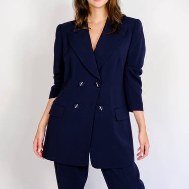 Vintage 90s Louis Feraud Navy Blue Double Breasted Pant Suit w/ Silver Stripe Logo Buttons | Made in Germany | 1990s Designer Power Suit 