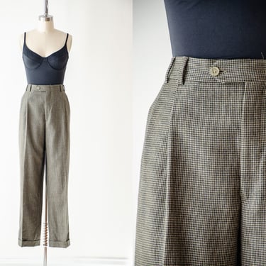high waisted pants | 80s 90s vintage Jos. A. Bank black brown houndstooth plaid wool dark academia trousers 