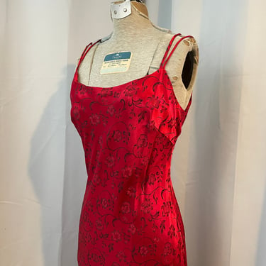 90s vintage Red Slim Satin Gown Formal Dress Goth Grunge Prom S 