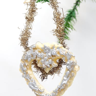 Vintage Wax Heart with Flowers Christmas Ornament, Tinsel Hanger,  Hand Painted Christkindlesmarkt in Nuremberg 