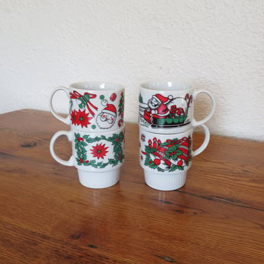 Vintage Christmas Holiday Theme Stacking Mugs Set of 4 