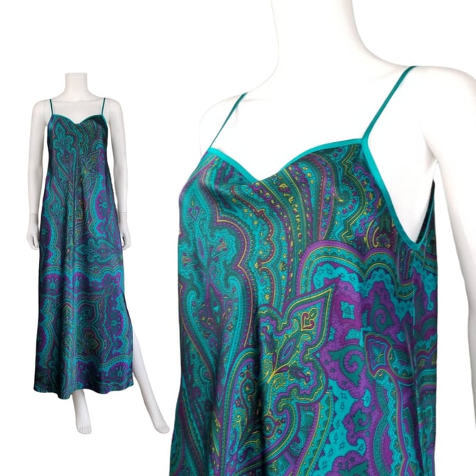 Vintage Satin Nightgown, Medium / Aquamarine Paisley Bias Cut Nightgown / Silky Low Back Sleeveless Slip Dress / Colorful Vintage Lingerie 