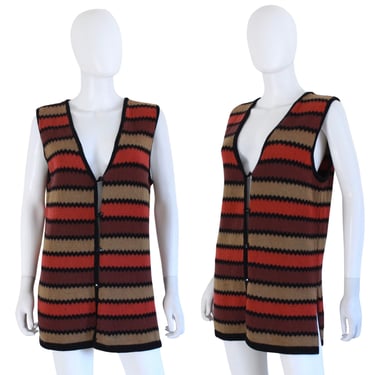 1970s Orange & Brown Striped Knit Vest - 1970s Hippie Vest - 1970s Unisex Vest - 1970s Striped Vest - 1970s Wool Vest | Size Medium / Large 