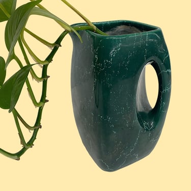 Vintage Handled Vase Retro 1970s Mid Century Modern + Ceramic + Dark Green + Light Green Deisgn + Pour Spout + Pitcher Planter + Home Decor 
