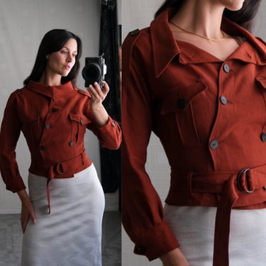 Vintage 90s Jean Paul Gaultier Burnt Orange Linen Cropped Double Breasted Military Style Jacket | Made in Italy | 1990s JPG Designer Jacket 