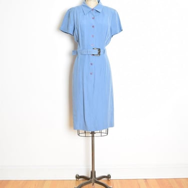 vintage 90s dress Talbots blue silk linen safari military modest midi 12/L clothing 