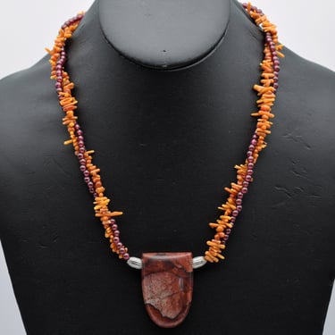 70's garnet coral jasper sterling hippie pendant necklace, big edgy 925 silver & stones torsade 