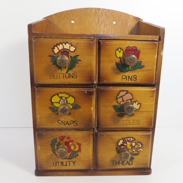 Vintage Wood Sewing Caddy Wall Cabinet with 6 Drawers and Hand Painted Flowers 