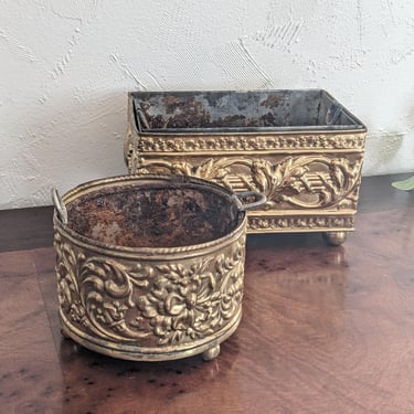 Set of Vintage Ornate Brass Footed Planters with Original Inserts 