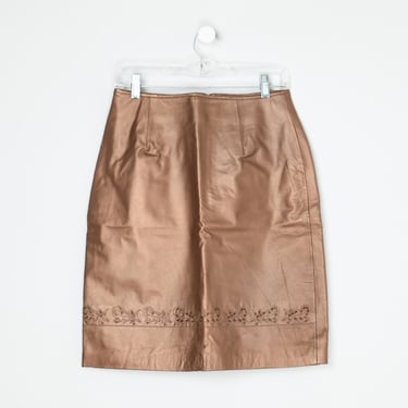 Vintage Y2k Bronze Leather Midi Skirt with Beading -- 