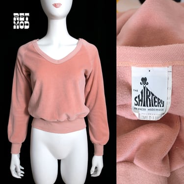 Cool Vintage 70s 80s Dusty Pink Mauve Velour Long Sleeve V-Neck Top 