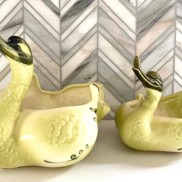 Mid Century Hull Swan Planters, Set of 2, Green Duck, Goose, Bowls, Home Decor, Vintage Animal Figural Pottery, Succulent Pot, MCM 