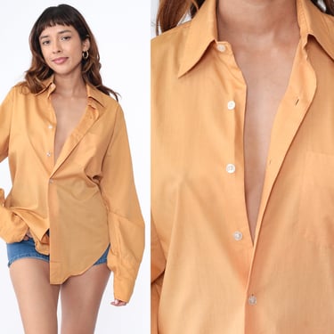 70s Shirt Muted Orange Cufflink Dagger Collar Shirt Button Up Shirt Long Sleeve Disco Shirt 1970s Collared Plain Seventies Men's Medium 15 