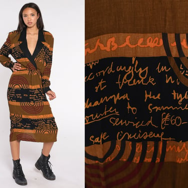 90s Wrap Dress Brown Black Striped Midi Dress Abstract Handwriting Print Collared V Neck 80s Bohemian Long sleeve Vintage 1990s Medium Large 