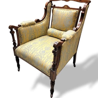 Antique Biedermeier Carved and Inlaid Silk Upholstered Armchair