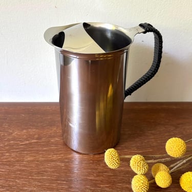 Vintage MCM Danish Stainless Steel Metal Pitcher w Rattan Wrapped Handle & Ice Guard | Kitchen Iced Tea Water Dining Drink Serving Pour Jar 