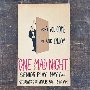 1940s Folk Art Poster for "One Mad Night" - Vintage Senior Play Artwork - Murder Macabre Mystery - Signed and Dated 1949 - 22" x 14" - Rare 