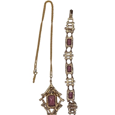 1970S Sarah Coventry Gold  Brown Gemstone Bracelet Necklace Set 