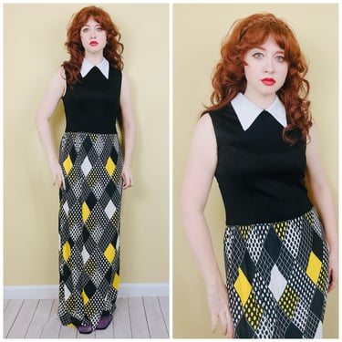 1970s Vintage Yellow and Black Diamond Print Maxi Dress / 70s Dagger Collar Neck Tie Dress / Size Large 