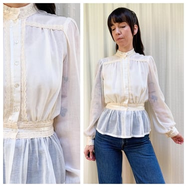70s Gunnies sheer cotton cream and lace blouse 