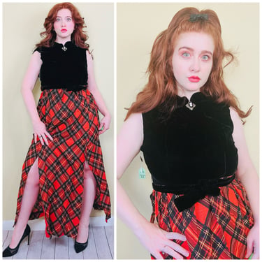 1970s Vintage Velvet and Plaid Deadstock Maxi Dress / 70s Black and Red Cameo Neck Belted Gown / Medium 