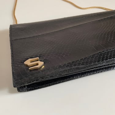 Vintage ‘70s ‘80s disco era shoulder bag | black genuine snakeskin purse, convertible envelope clutch with snake chain strap 