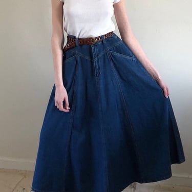 90s denim midi skirt / vintage cotton denim jean skirt full paneled twirly yoke long midi skirt | Small Medium 