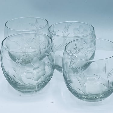 Vintage set of Four Old Fashioned Rolly Poly Glasses Etched Flowers- Great Condition 
