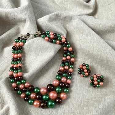 Triple strand necklace and cluster earrings - 1960s vintage - cantaloupe, green and brown 
