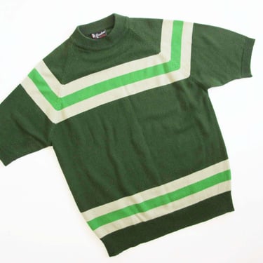 60s Striped Mock Neck Shirt Large - Vintage 1960s Green Mockneck Knit Shirt - Surf Mod Clothing 