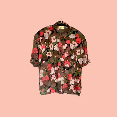 Floral Print Blouse, Vintage 90s Short Sleeve Button Up Collared Shirt, Flower Pattern Oxford, Oversized Loose Fit Colorful Poppy Top 