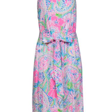 Lilly Pulitzer - Neon Pink &amp; Multicolor Floral Print Belted “Marry” Midi Dress Sz M