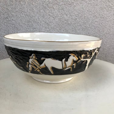 Vintage MCM ceramic cream black gold glazed bowl 3D  cattle man theme Goldcrest pottery designed by Kathi Urbach USA style 317 size 9” x 5” 