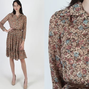 Vintage 70s Thin Brown Floral Dress / Wildflower Lightweight Dark See Through Mini / Airy Casual Secretary House Dress / Tiered Dress 