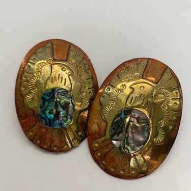 Vintage brass and copper earrings with abalone inlay phoenix, 1970's 