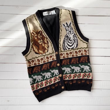 embroidered sweater vest | 90s vintage The Eagle's Eye lion zebra elephant novelty print cotton sleeveless sweater 