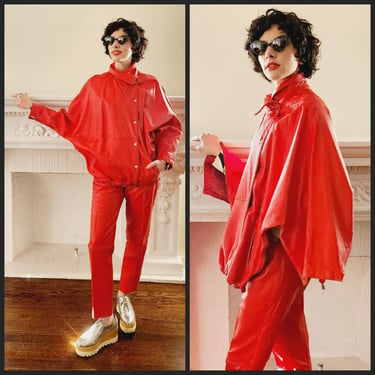 80s Red Leather Pants Suit Bomber Jacket Convertible Poncho Monarch New Zealand M 