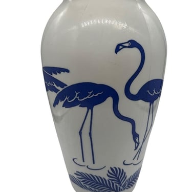 Mid Century Blue Flamingo Milk Glass Vase by Anchor Hocking Vitrock 