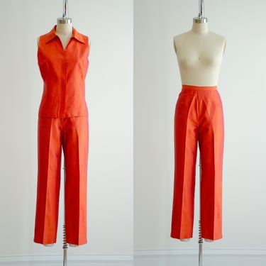 orange silk suit 90s y2k vintage bright iridescent orange hot pink dupioni silk straight leg pants sleeveless blouse set 