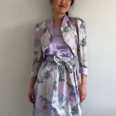 90s silk suit / vintage lilac silk floral charmeuse camisole + taffeta puff sleeve bolero blazer + midi skirt suit matching set | Small 